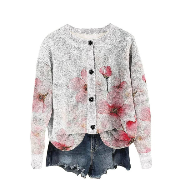 Women's Knitted Jackets Crew Neck Button Down Print Sweater Cardigan Casual Loose Outwear Fall Winter Trendy Outfits (S, Pink-B)