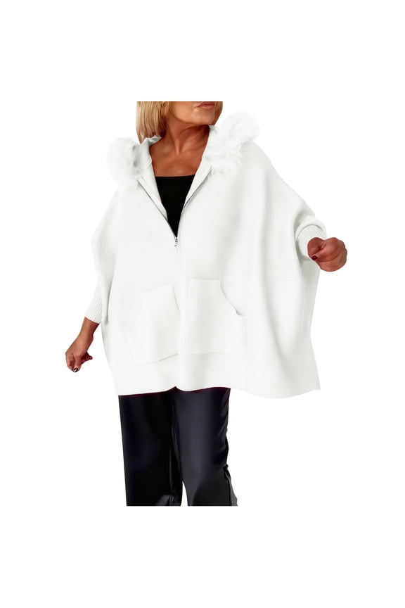 Women's Knitted Jackets Hooded Faux Fur Collar Full Zip Cardigan Oversized Casual Baggy Fall Winter Outwear With Pockets (XXL, White)