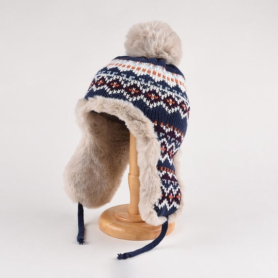 Women's Knitted Lei Feng Hat for Autumn & Winter - Thickened & Earflap Design with Jacquard Pattern, Multiple Colors Available