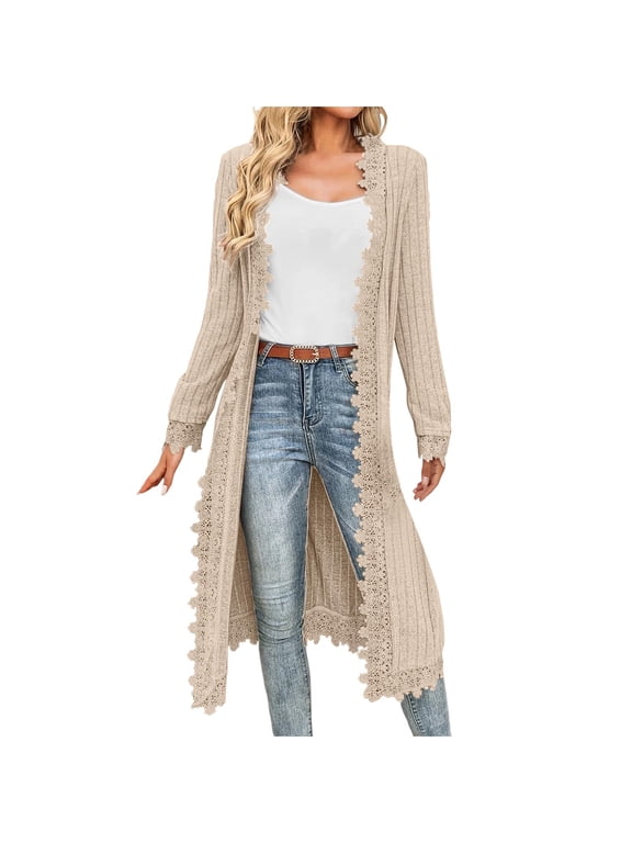 Women's Knitted Long Cardigans Sweater Open Front Lace Trim Maxi Cardigan Long Sleeve Loose Lightweight Duster Coats