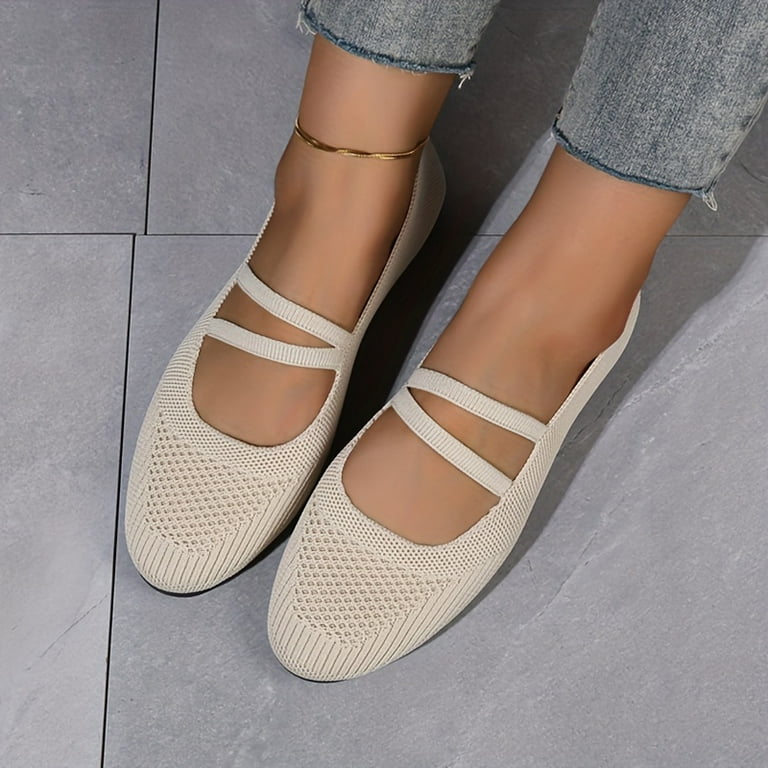 Women s Knitted Mary Jane Comfort Soft Sole Elastic Slip On Flat Shoes Breathable Solid Color Flats
