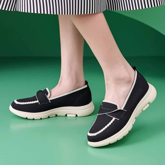 Women's Knitted Mesh Lightweight Walking Sneakers Casual Lightweight Arch Support Slip On Orthotic Soft Sole Shoes Breathable Non Slip Work Shoes