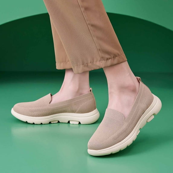 Women's Knitted Mesh Lightweight Walking Sneakers Casual Lightweight Arch Support Slip On Orthotic Soft Sole Shoes Breathable Non Slip Work Shoes