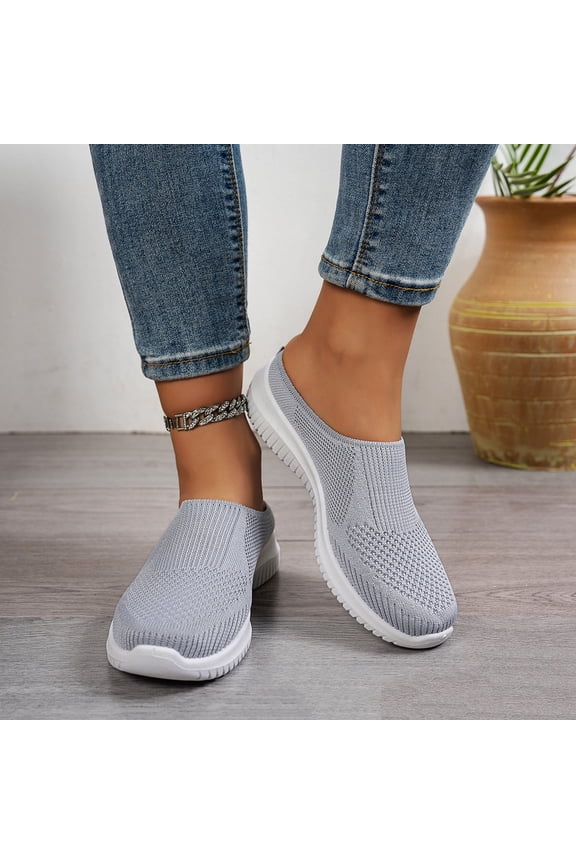 Women's Knitted Mesh Walking Flats Summer 2026 Trendy Backless Breathable Lightweight Slip On Sneakers Soft Sole Non-Slip Casual Versatile Loafers Shoes Gray 8.5