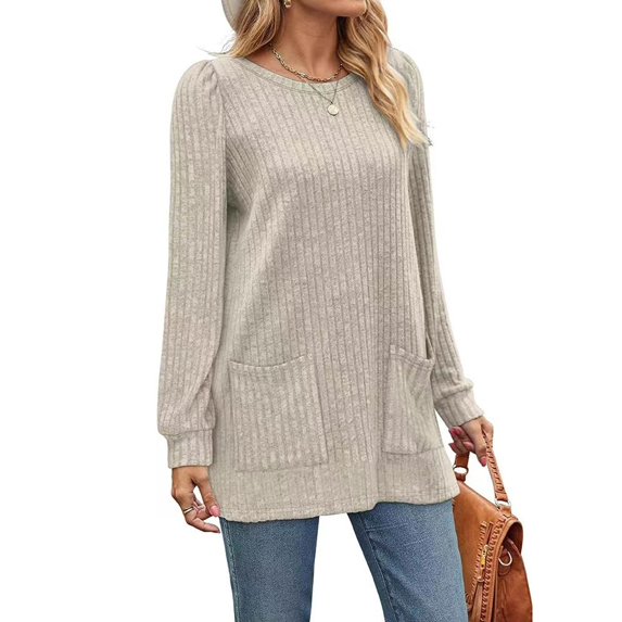 Women's Knitted Mid-Length Coat Round Neck Solid Color Pocket Warm Pullover Sweater 06-Khaki M