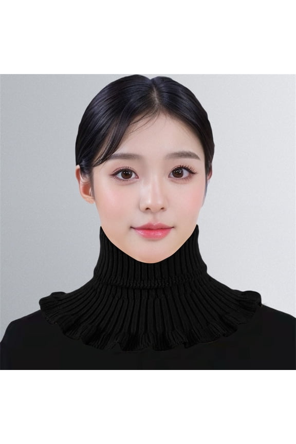 Women's Knitted Neck Collar, Double Layer Warm Thickened Ruffle Edge Scarf, Convertible Snood Wrap for All Seasons, Indoor Outdoor Use and Fashion Outfit Accessory-Black