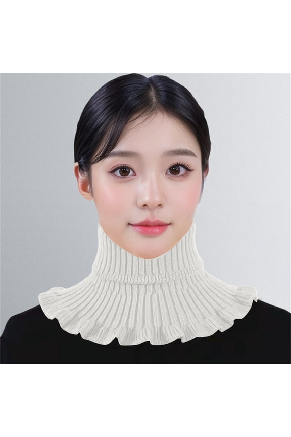 Women's Knitted Neck Collar, Double Layer Warm Thickened Ruffle Edge Scarf, Convertible Snood Wrap for All Seasons, Indoor Outdoor Use and Fashion Outfit Accessory-White
