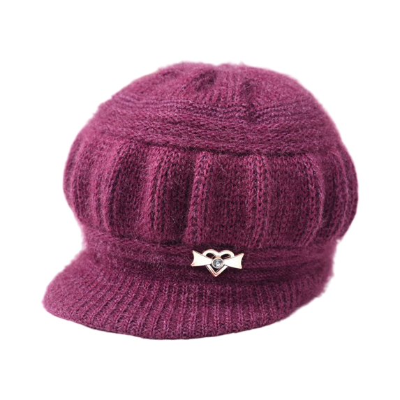 Women’s Knitted Newsboy Cap Soft Ribbed Brim Hat with Decorative Bow Heart Metal Accent for Casual Wear Autumn and Winter Warm Hat