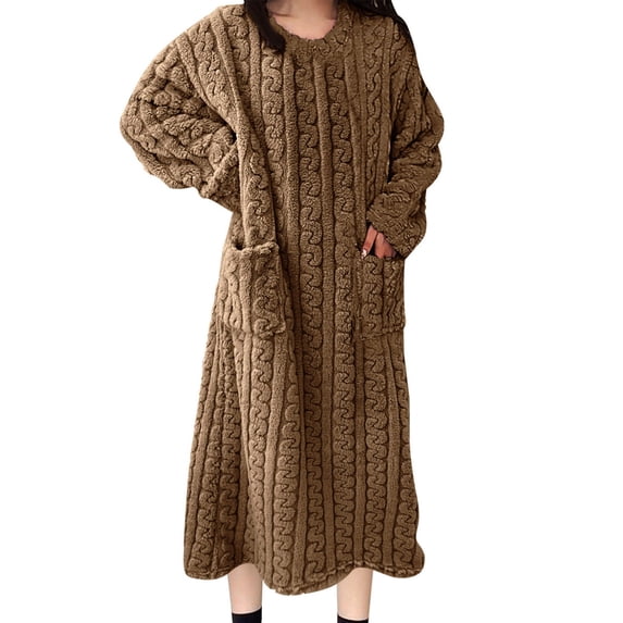 Women's Knitted Nightgown Flannel Crew Neck Long Sleeve Sweater Pajama Plush Thermal Comfy Long Robe With Pockets (L, Coffee)