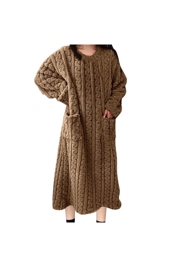 Women's Knitted Nightgown Flannel Crew Neck Long Sleeve Sweater Pajama Plush Thermal Comfy Long Robe With Pockets (L, Coffee)