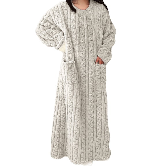 Women's Knitted Nightgown Flannel Crew Neck Long Sleeve Sweater Pajama Plush Thermal Comfy Long Robe With Pockets (L, White-B)