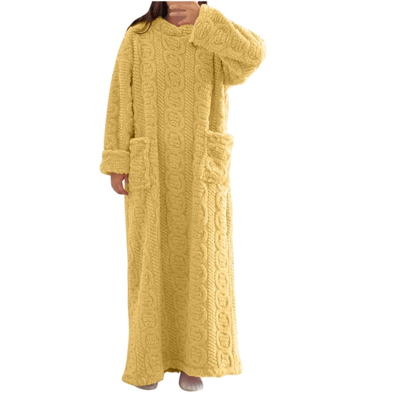 Women's Knitted Nightgown Flannel Crew Neck Long Sleeve Sweater Pajama Plush Thermal Comfy Long Robe With Pockets (L, Yellow)