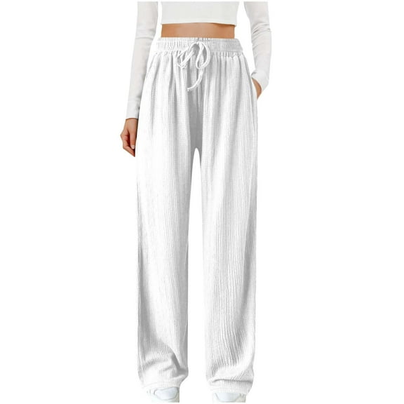 Women’s Knitted Pants Elastic Waist Drawstring Straight Leg Casual Pants Fall Solid Color Comfy Trousers