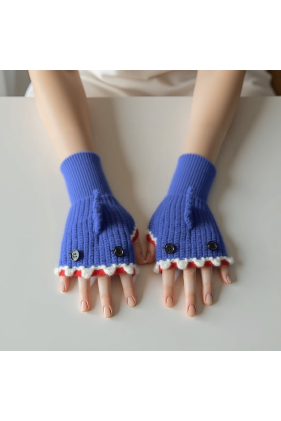 Women’s Knitted Patchwork Embroidered Gloves,Crochet Shark Fingerless Gloves, Cute Vintage Design Thermal Warm for Hiking( Blue 1PCS)