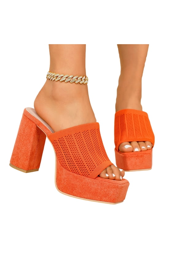 Women's Knitted Platform Chunky High Heel Slide Sandals Square Peep Toe Block High Heeled Backless Party Dress Mules Slippers
