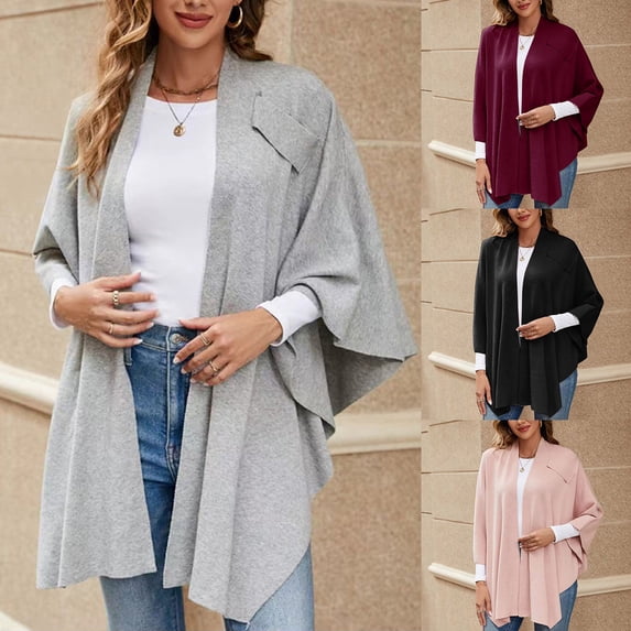 Women's Knitted Poncho Wrap Front Open Shawl Elegant Winter Cape Topper