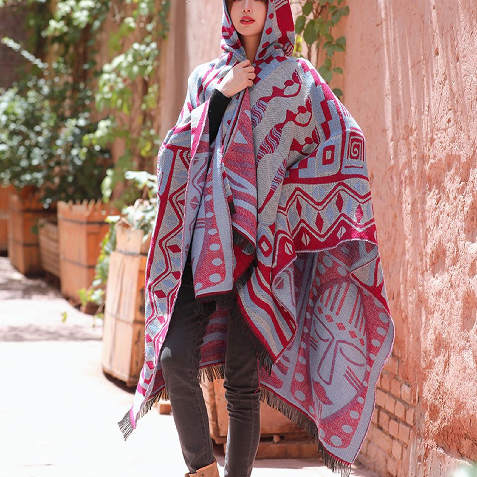 Women's Knitted Poncho with Hood Tassel Open Front Retro for Fall ...