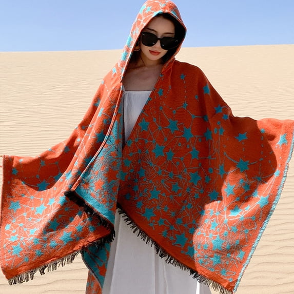 Women's Knitted Poncho with Hood Tassel Open Front Stars for Fall Winter (Orange)