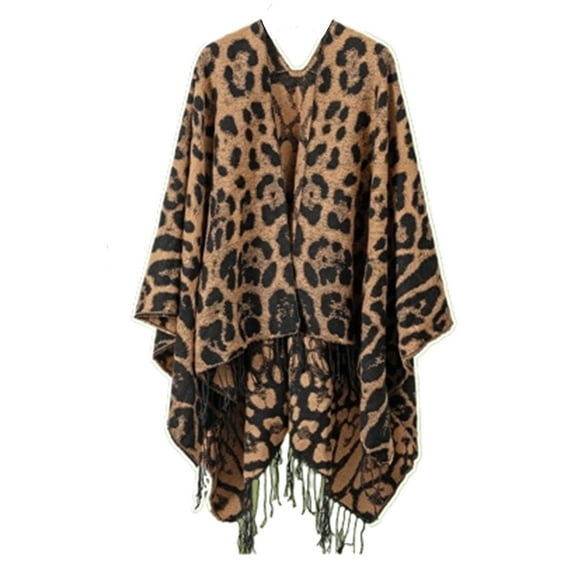 Women's Knitted Poncho with Tassel Plus Size Open Front Leopard for Fall Winter (Brown)