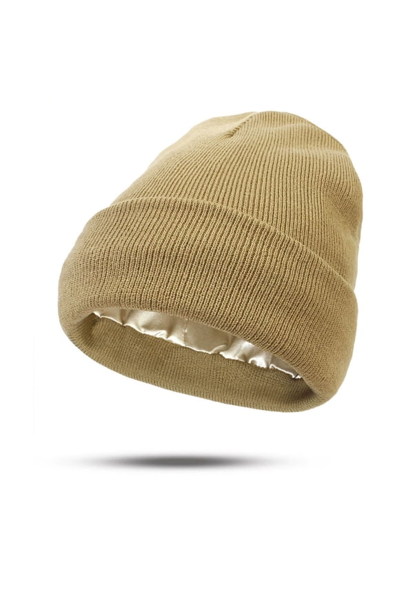 Women's Knitted Satin Lined Protective Hair Beanie Warm Stretch Acrylic Wool Cap, Soft Elastic Winter Headwear for Hair Care Frizz Reduction Daily Wear Fashion Accessory