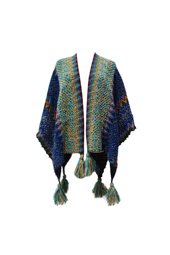 Women's Knitted Shawl, Fringe Tassel Colorful Striped Cape Cardigan, Ethnic Retro Style Loose Fit Poncho for Boho Fashion and Layering-C