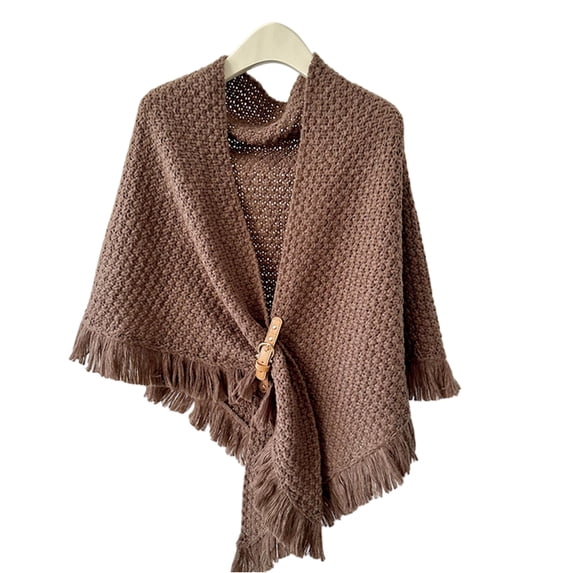 Women's Knitted Shawl Wrap with Wooden Button and Fringe for Winter Warm Cape Poncho Daily Casual Wear Comfortable Light Brown