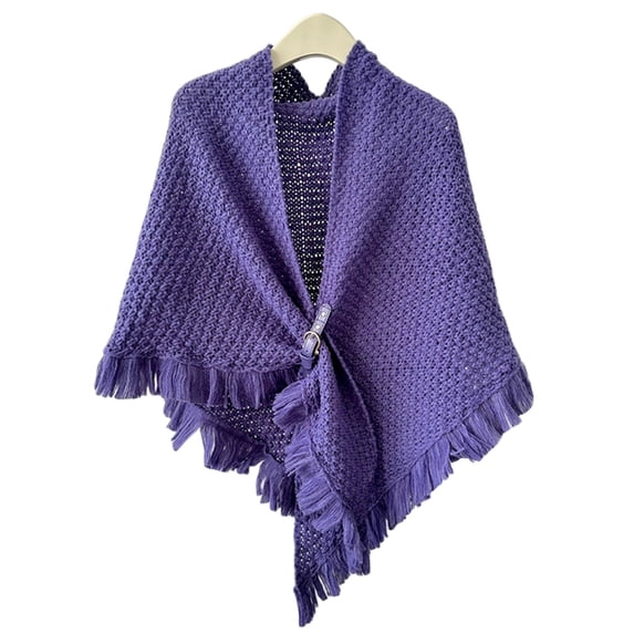 Women's Knitted Shawl Wrap with Wooden Button and Fringe for Winter Warm Cape Poncho Daily Casual Wear Comfortable Purple
