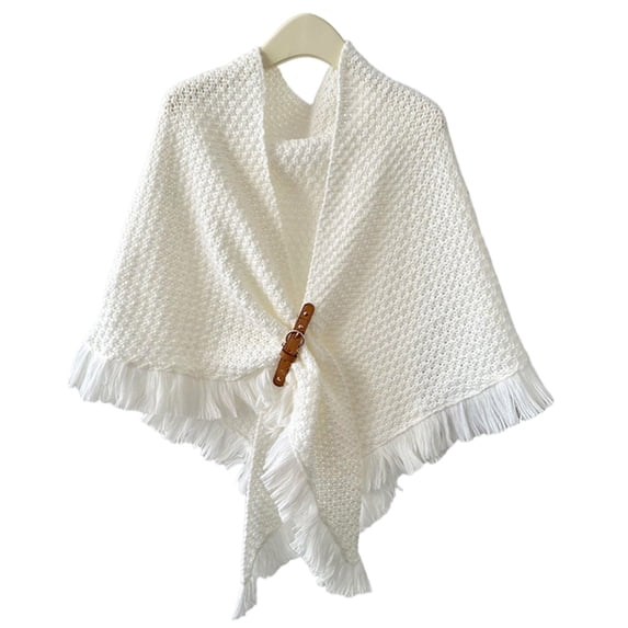 Women's Knitted Shawl Wrap with Wooden Button and Fringe for Winter Warm Cape Poncho Daily Casual Wear Comfortable White