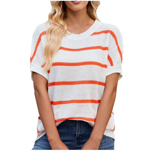 Women's Knitted Shirts Sweaters Casual Round Neck Short Sleeve Sweater Classic Striped Contrast Color Raglan Blouses Pullover Tops