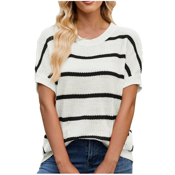 Women's Knitted Shirts Sweaters Casual Round Neck Short Sleeve Sweater Classic Striped Contrast Color Raglan Blouses Pullover Tops