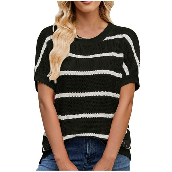 Women's Knitted Shirts Sweaters Casual Round Neck Short Sleeve Sweater Classic Striped Contrast Color Raglan Blouses Pullover Tops