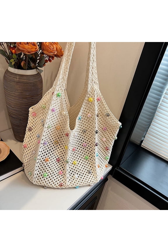 Women's Knitted Shoulder Bag Pearl Beaded Large Capacity Tote