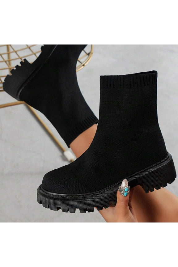 Women’s Knitted Sock Boots, Thick Bottom, Mid Heel, Comfortable Winter Fashion Shoes - 2026