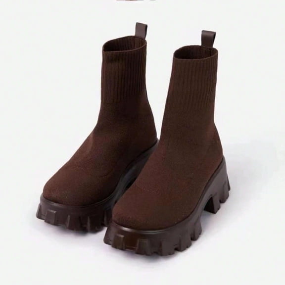 Women's Knitted Sock Boots - Thick Bottom, Mid Heel, Comfortable Winter Fashion Shoes