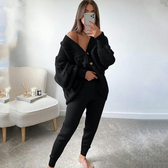 Women's Knitted Sportswear Sweater Casual Suit Autumn and Winter Two-piece Knitted Pants Sports Suit Ladies Clothing Suit Ladies-Black-XXL