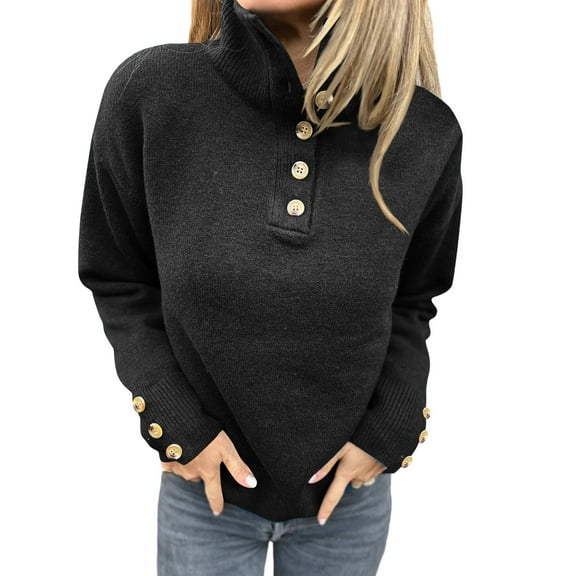 Women’s Knitted Stand Collar Sweater – Casual Solid Color Pullover with Button Sleeve Detail, Loose Warm Top Black