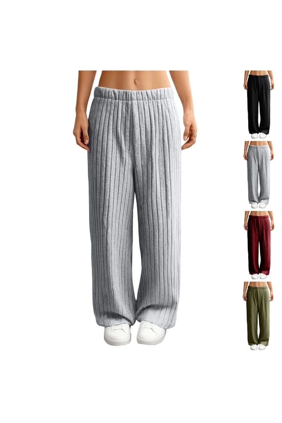 Women's Knitted Straight Leg Pants Trendy High Waist Elastic Long Pants - Ribbed Lounge Pants with Pockets Baggy Wide Leg Pants - Soft Pull On Low Rise Sweater Pant Comfy Casual Pant Black S