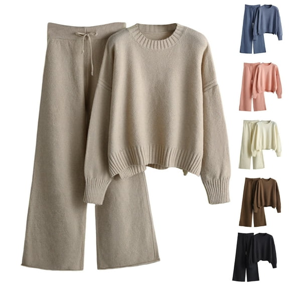 Women's Knitted Suit Set Loose Sweater Wide-Leg Pants Two-Piece for Fall and Winter Fashion, Perfect for Holiday Parties and Casual Wear, Comfortable and Chic,Khaki,One Size