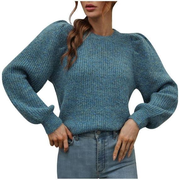 Women's Knitted Sweater Crewneck Lantern Sleeve Casual Comfy Fall Winter Clothes Pullover Sweaters Jumper Tops Ladies Clothes