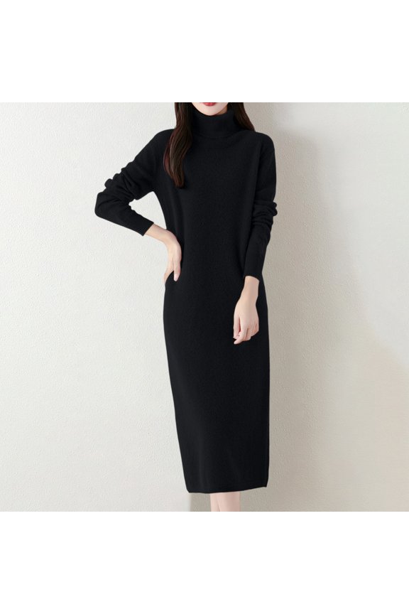 Women's Knitted Sweater Dress, Brushed Surface Turtleneck Long Sleeve Pullover Dress, Winter Warm Casual Dress for Work, Daily and Date Night Black S