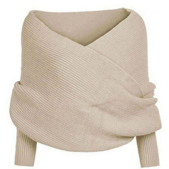 gzishu Women's Knitted Sweater Scarf with Sleeve, Winter Warm Shawl Wrap, Irregular Cross Front Design, Nude
