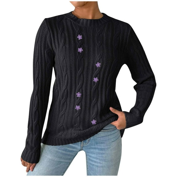Women's Knitted Sweaters Fall Winter Loose Solid Color Knitted Pullovers Floral Embroidered Long Sleeved Round Neck Sweater Tops