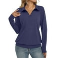 thumbnail image 1 of Women's Knitted Sweaters V Neck Lapel Long Sleeve Solid Color Pullover Tops Casual Lightweight Blouse Loose Fit (S, Navy), 1 of 5