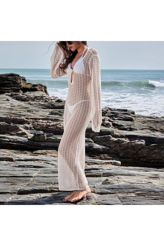 Women's Knitted Swimsuit Cover Up 3D Floral Hollow Out Open Back Tie Up Maxi Dress Beachwear Coverup Dresses Anime Swimsuit Cover up Mesh Cover up Long Sleeve Cover Ups for Womens Swimwear plus Size