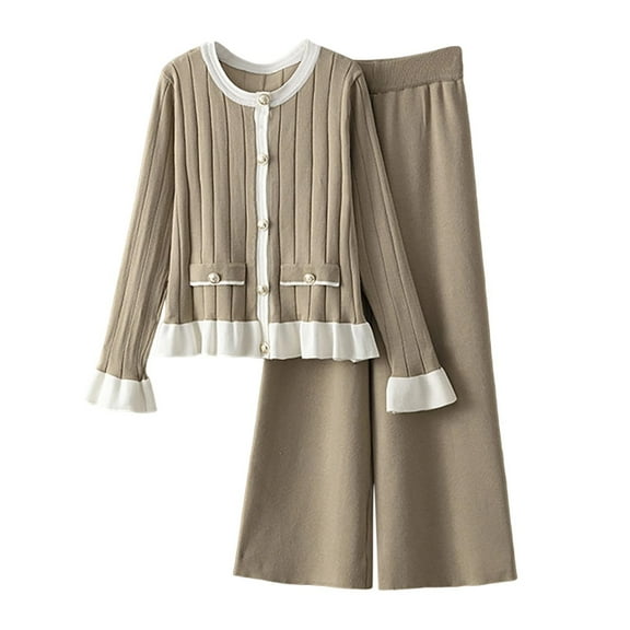 Women’s Knitted Two Piece Winter Set Round Neck Long Sleeve Button Cardigan Sweater with Fungus Edge Detail and Wide Leg Pants Soft Cozy Knit Lounge Outfit for Fall and Winter