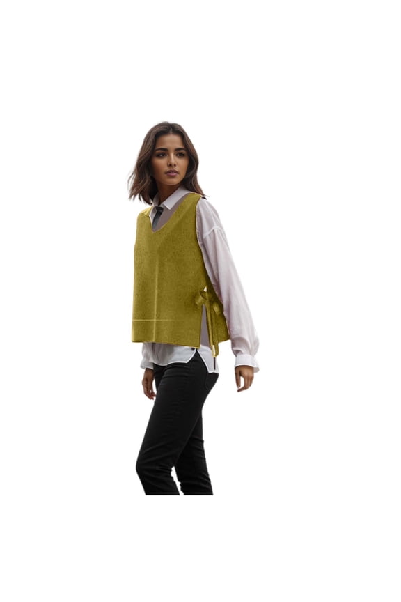 Women's Knitted V Neck Sleeveless Sweater Vest Cardigan with Tie Waist for Fall Winter Season