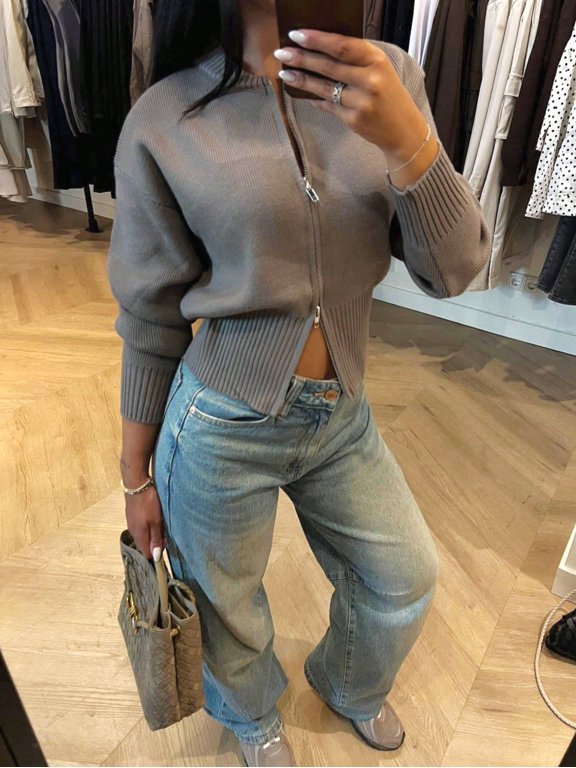 Women's Knitted Zipper Knitted Cardigan, Waist-Cinching Short Ribbed Knit Jacket, Autumn/Winter Essential