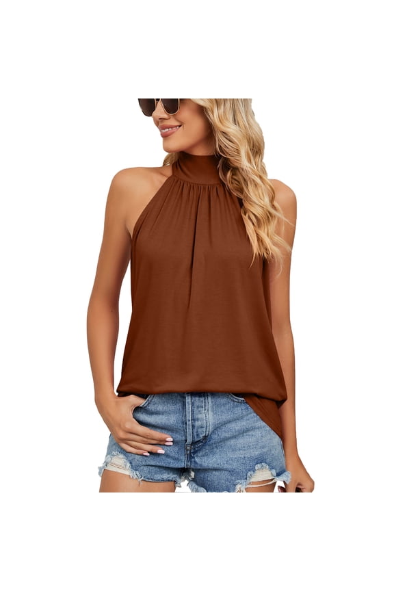 Women's Knot Back Halter Tops Sleeveless Pleated Summer Blouses Loose Casual Tank T Shirts
