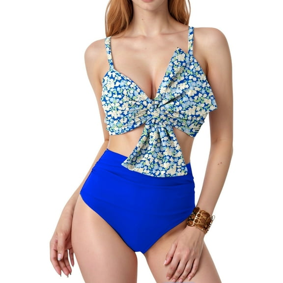 Women's Knot Front Bikini Top and High Waist Abstract Print Bottom Two-Piece Swimsuit - X Large, Blue