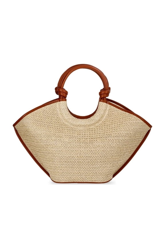 Women's Knot Handle Tote Handbag Fan-Shaped Woven Bag with Brown Leather Handles Versatile Travel Beach Bag